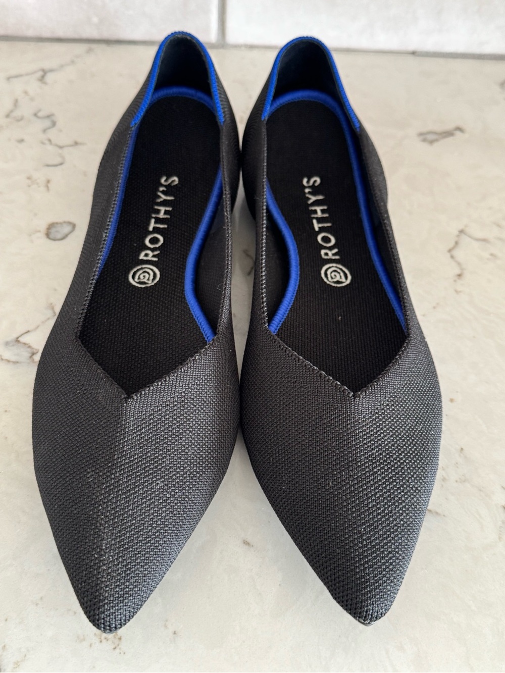 Rothy's Black Pointed Flats with Blue Trim Sz 12.5